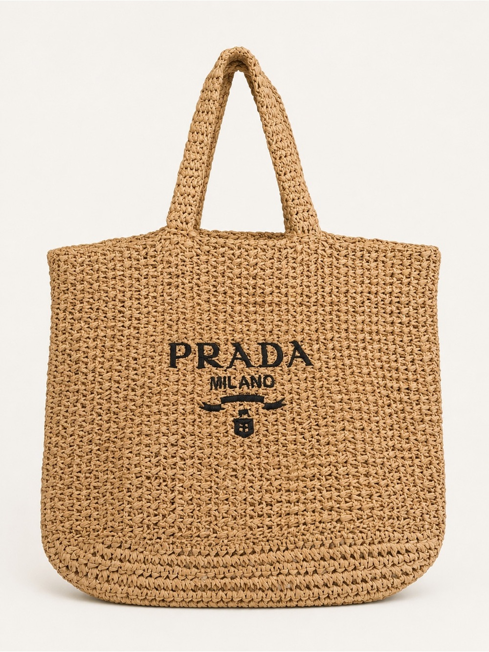 Luxury inspired Straw Tote Bag in Tan with Black Logo